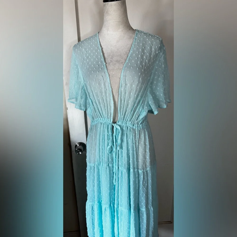 Torrid Baby Blue Robe Retro Polka Dot Lounge Feminine Romantic Chiffon Wedding - Picture 4 of 15